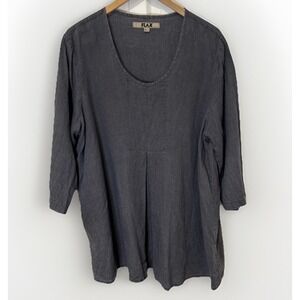 FLAX Womens Large 100% Linen Tunic Top Charcoal Gray 3/4 Sleeve Pleat Blouse